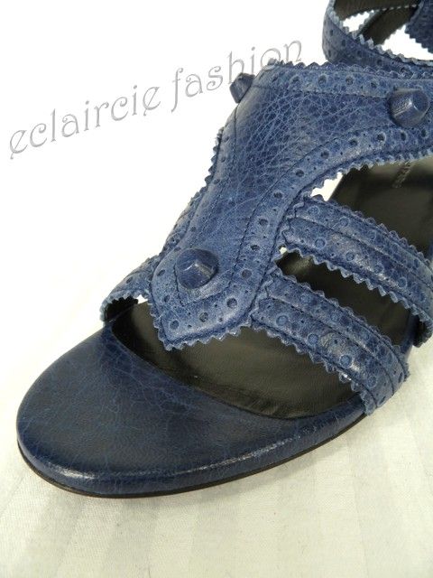 BALENCIAGA Arena Blue Leather Low Wedge Sandals Shoes 38.5 NEW  