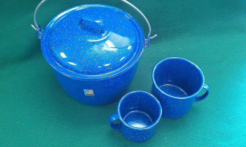   Enamelware lot of 3 One Pot w/lid, 1 Large Cup, 1 Medium Cup  