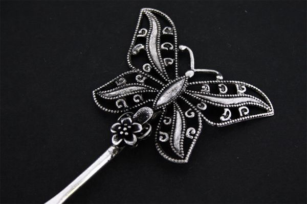 Butterfly Tibet Silver Hairpin, Ethnic Vintage Jewelry  