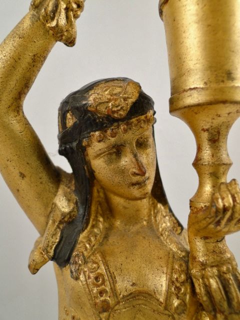 Pr Vintage Egyptian Revival Gilt Spelter Figural Candleholders 