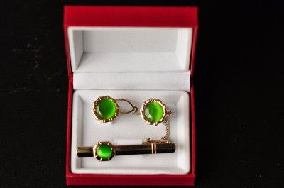 New Gold Emerald Tone Cufflinks & Tie Clip Set Wedding Designer Formal 