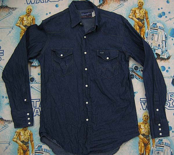 vtg Wrangler Dark BLUE DENIM WESTERN Work Shirt L 16 34 cowboy 90s usa 