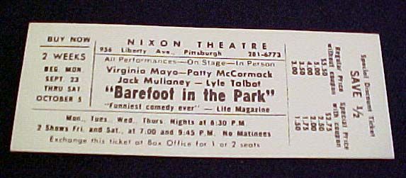 BAREFOOT IN THE PARK Unused 60s Ticket MAYO & MCCORMACK  