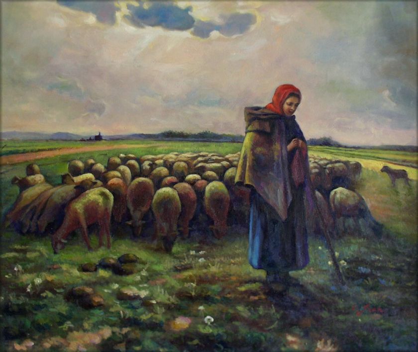  Painted Oil Painting Repro Jean Millet Shepherdess & Her Flock  