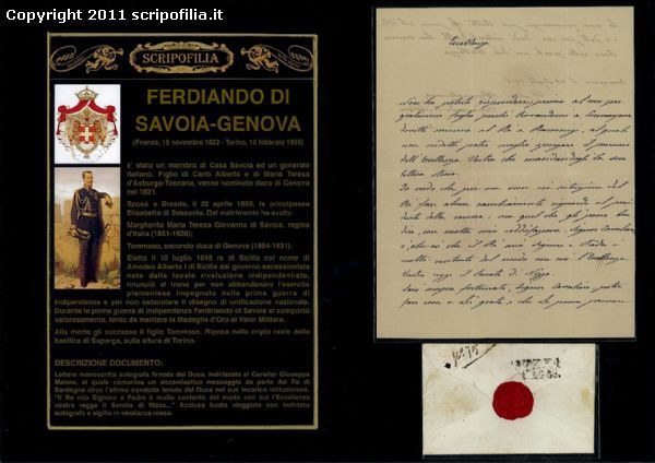 MANUSCRIPT LETTER SIGNED WITH SEAL ENVELOPE OF FERDINAND OF SAVOY 