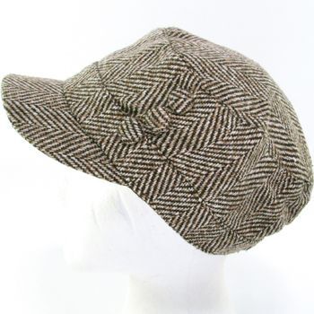 WOOL HERRINGBONE 3 BUTTON CADET CABBIE CAP HAT BROWN  