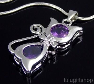 PURPLE CAT KITTY PENDANT NECKLACE USE SWAROVSKI CRYSTAL  