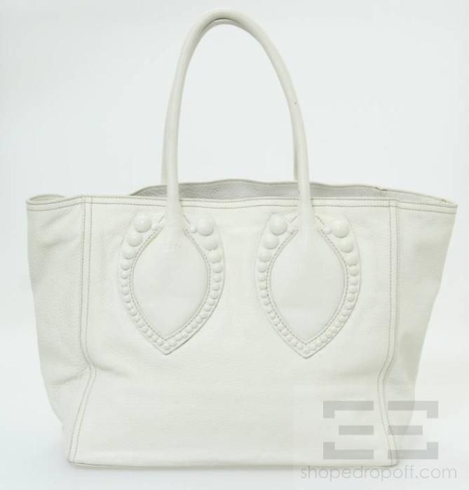 Azzedine Alaia White Pebbled Leather Beaded Tote Bag  