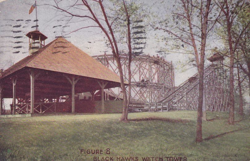 Black Hawks watch Tower figure 8 Moline IL old Postcard  