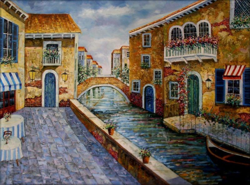   Hand Painted Oil Painting Venice Waterway with Storefront  