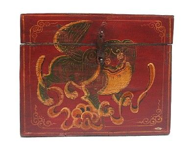 Old Chinese Wooden Wedding Box Painted Foo Dog JAN11 06  