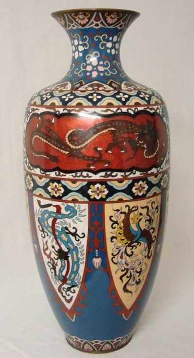 19th C Japanese Cloisonne Dragon Phoenix Vase 18 H  