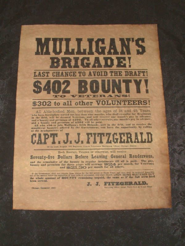 Mulligans Brigade $402 Bounty Civil War Poster  