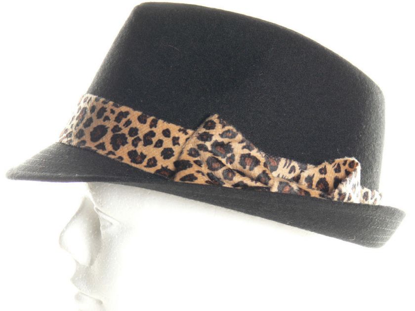   Hat Cap Fedora Stingy Upturn Leopard Beige Brim Fedora w/ Bow Black