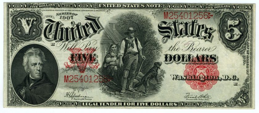 Series1907 $5 Woodchopper United States Note Speelman White FR91 