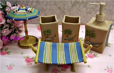   pcs Summer Beach Ocean Palm Tree Bathroom Accessory Set #B   Tan/Beige