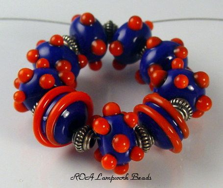 ROA Lampwork 9 Blue & Orange Bump Set Art Beads SRA  