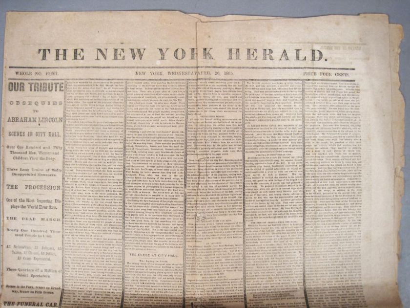 Abraham Lincoln Assassination Original New York Herald April 26th 1865 