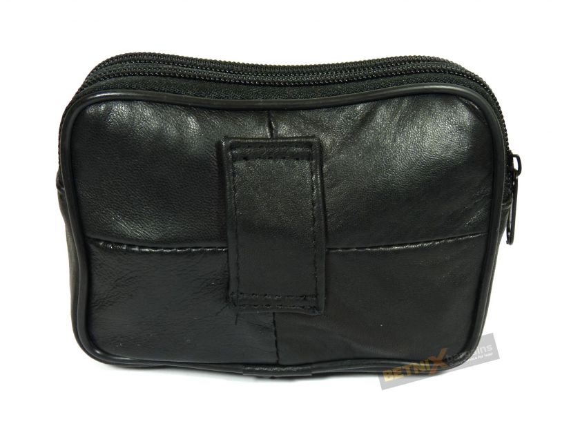 Black Leather Triple Zipped Belt Purse Money Coin Pouch  