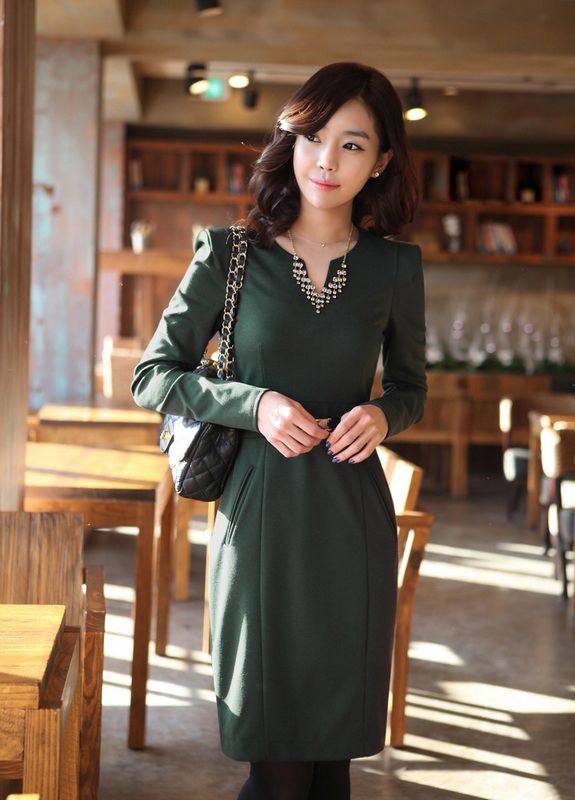 Elegant Office Lady Cut Neckline Tunic Slim Long Sleeve Knee length 