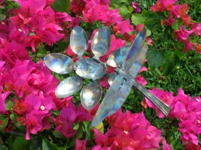 TWO HANDCRAFTED METAL DRAGONFLY & FLOWER YARD ART  WELDED FROM EATING 