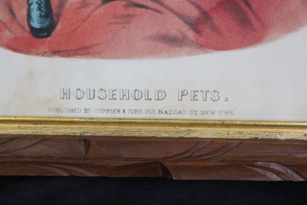 L432 ANTIQUE CURRIER + IVES HOSEHOLD PETS HAND COLORED LITHO ARTS 