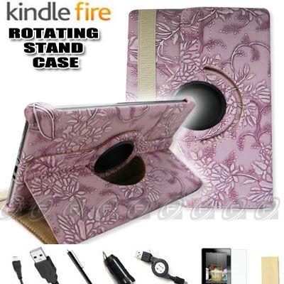 For Kindle Fire PU Leather Case Cover/Stylus/Car Charger/USB Cable 