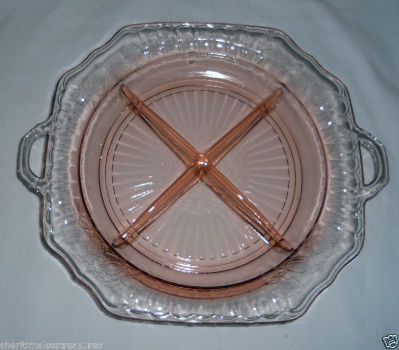   Mayfair Open Rose Depression Glass Four Part Relish Dish Pink Flowers