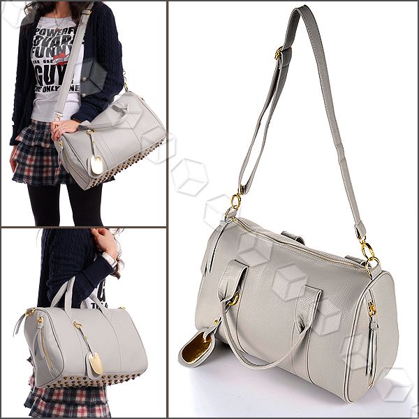 Grey Celebrity Stud Studded Bottom Duffel Tote bag HandBag