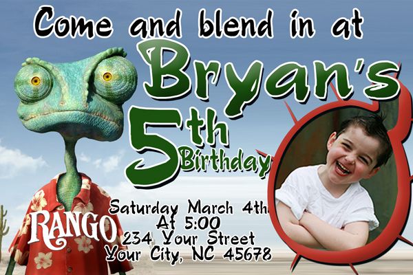 Rango Movie Birthday Party Custom Personalized Invitation JPEG File 