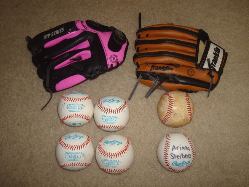 EUC T Ball Right Handed Glove Balls Lot Black Pink Brown Girls Boys 