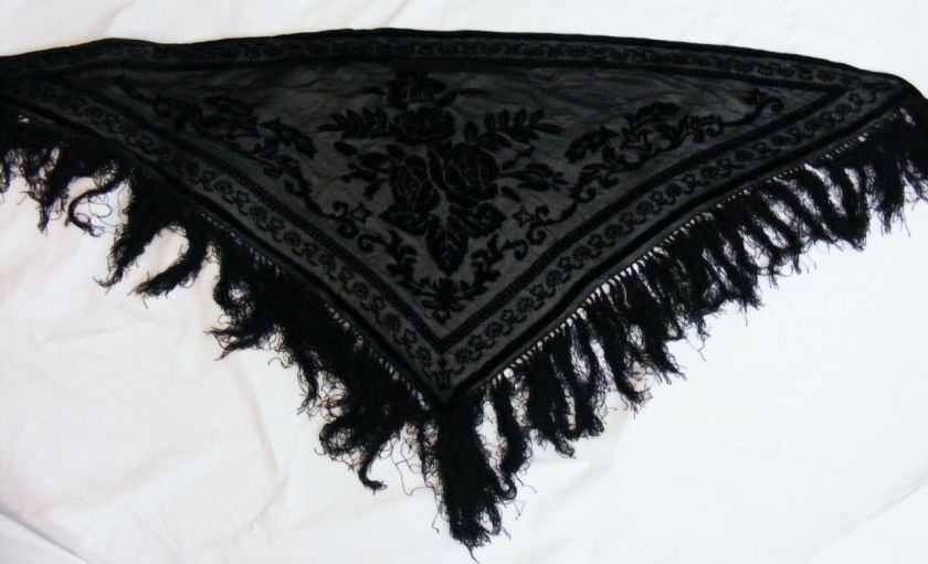 Vintage Deco Silk Velvet Burnout Black Roses Shawl Fringe  