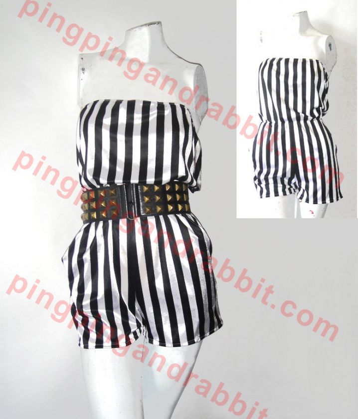 Black White Vertical Stripes Romper Jumpsuit One Piece  