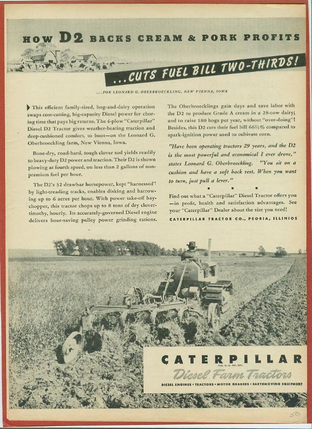 New Vienna Iowa Farmer ~1950 Caterpiller D2 Tractor Ad  