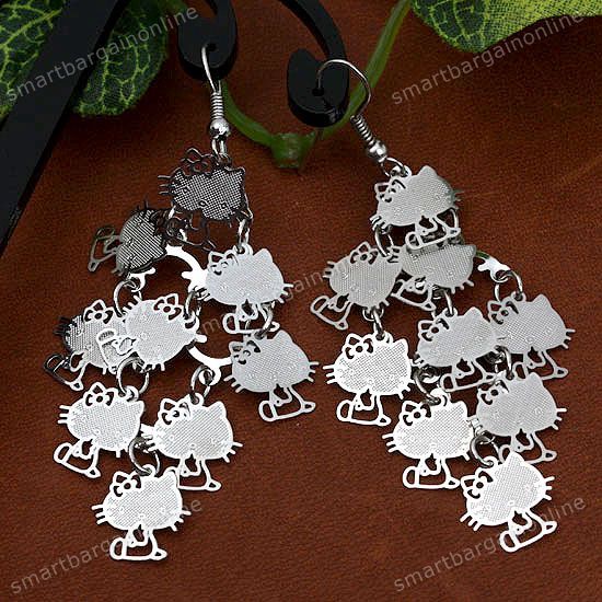 1Pair Silver Tone HelloKitty Cat Dangle Nickel Free Earring Ear Hook 