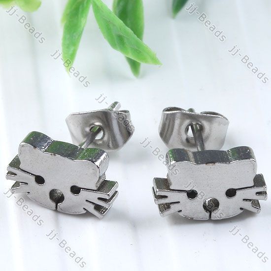 2pc Silver Tone Stainless Steel Hellokitty Cat Lovely Ear Earring Stud 