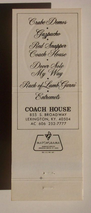 1980s Matchbook Stanley Demos Coach House Lexington KY  