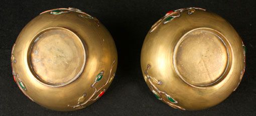 PR ANTIQUE CHINESE OLD BRASS BOWLS JADE JADITE & CORAL  