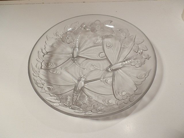   DRAGONFLY OR BUTTERFLY FROSTED GLASS BOWL SIGNED GREAT CONDITION