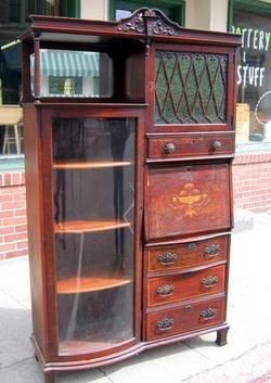 1800 curved glass bookcase / marketry secretary desk .  