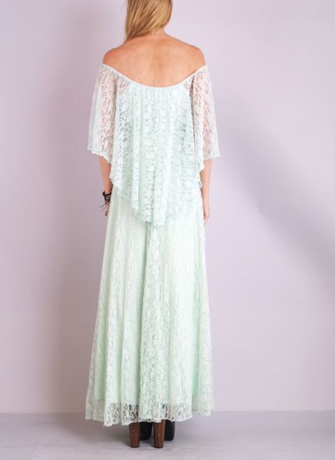 Vtg 70s Sage SHEER LACE Cape Sherbet Draped ANGEL Maxi Hippie WEDDING 