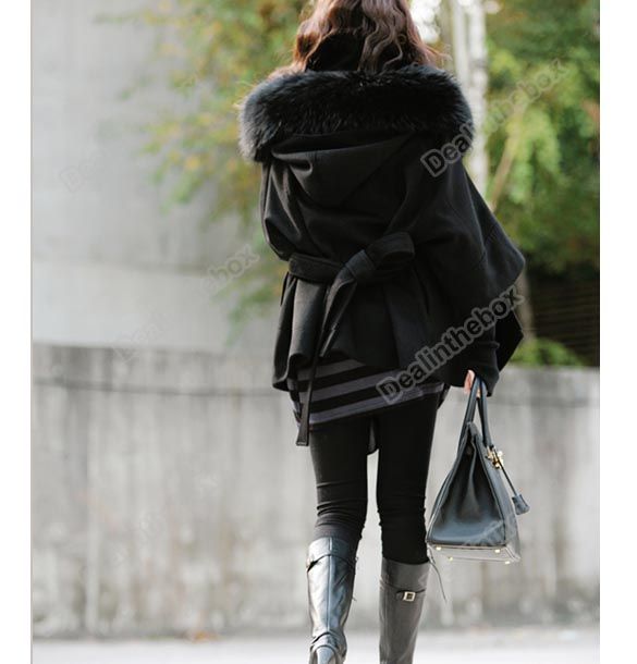 Womens Double Breasted Coat Fur Collar Wool Blend Long Warm Winter 