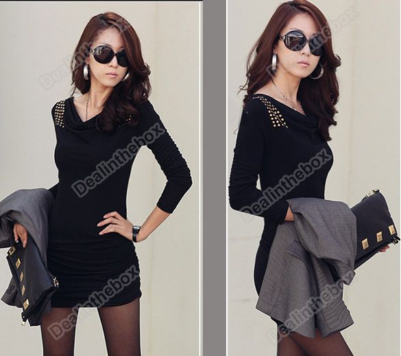 Womens Sexy Slim Ruffle Rivet Shoulder Tight Long Sleeve Graceful 