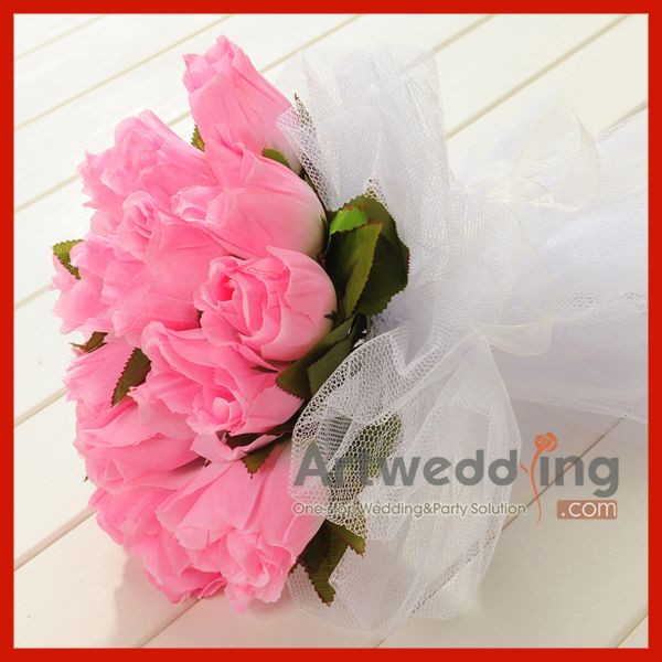 Love Pink Rose Mesh Wrap Bridal Bouquet Wedding Silk Flower with 