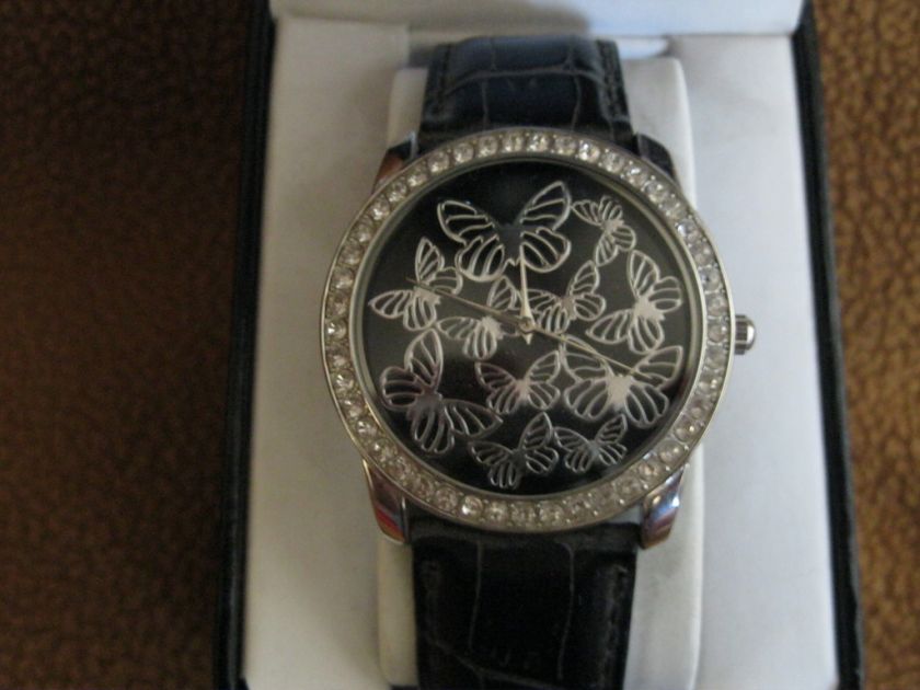 GNW BLACK LEATHER BAND WOMENS BUTTERFLY FACE WATCH NEW  