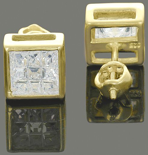 Mens 14k Gold Plated Real 925 Silver Screw Back Square CZ Fancy Hip 