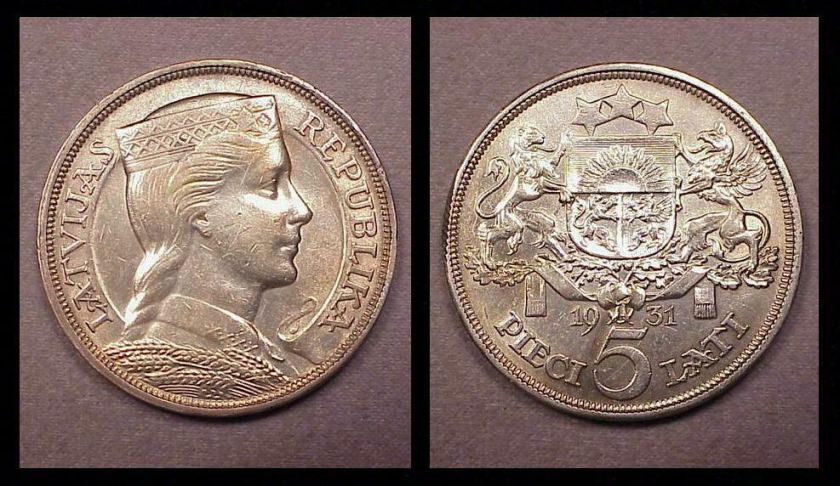 1931 Latvia (Silver  5 Lati)  AU Toned  