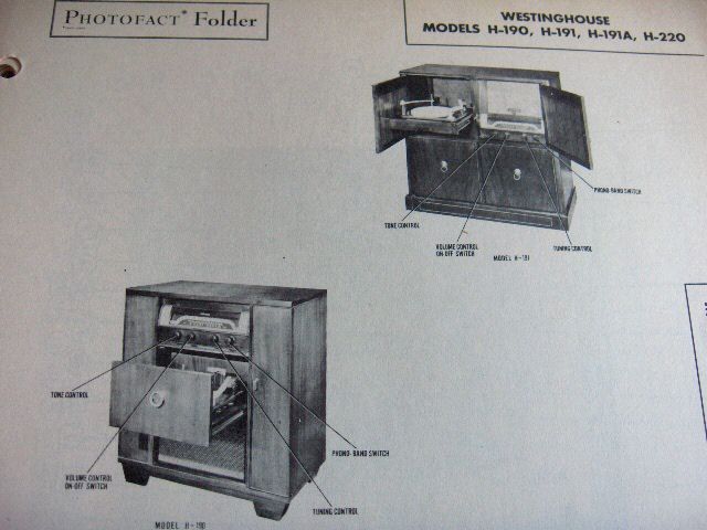 WESTINGHOUSE H 190, H 191, H 220 PHONO RADIO PHOTOFACT  