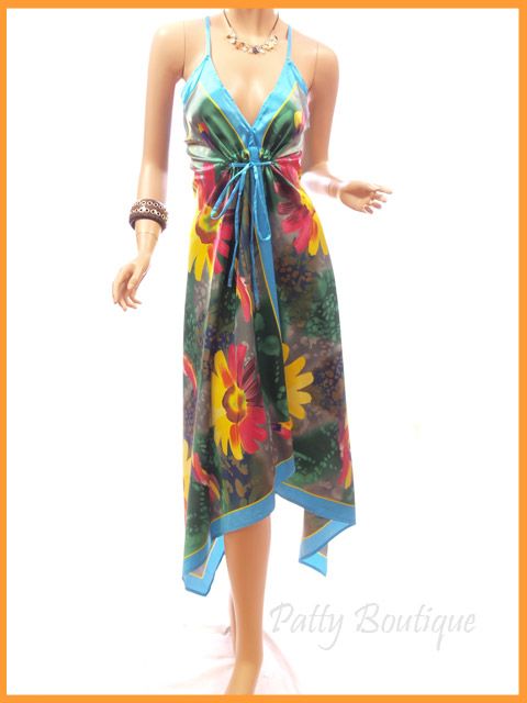 Green Yellow Floral Satin Long Maxi Summer Dress, S M L  