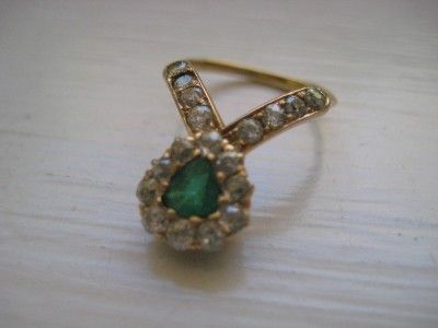 Antique 14k Yellow Gold Euro Cut Diamond & Emerald Ring  